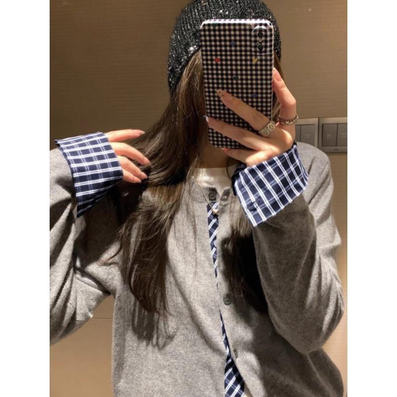 Design sense splicing plaid sweater women's spring new large size wear thin round neck knitted cardigan