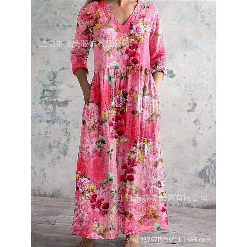 New European and American 3D printing European and American summer casual loose long-sleeved large-size dress S