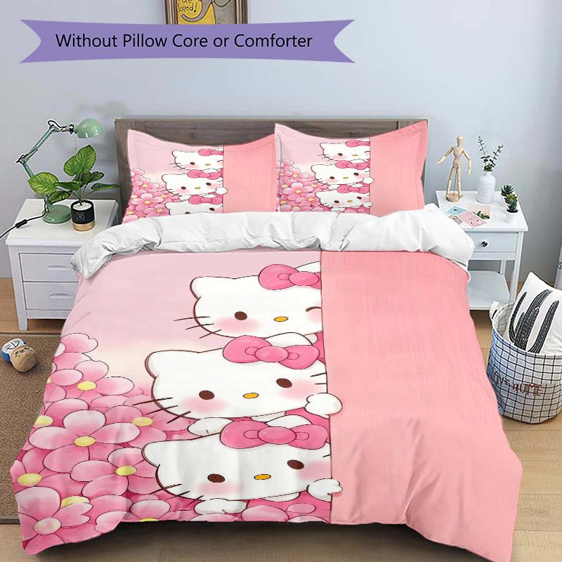3pcs Three Pink Hello Kitty Design Printed Bedding Set, Soft and Comfortable Quilt Cover for Bedroom, Guest Room (Not Included).W104