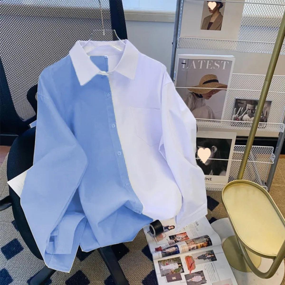 

New Style, Women s, Top, Long Sleeved, Fashionable, Color Blocked Shirt, Loose Fitting Shirt S синий