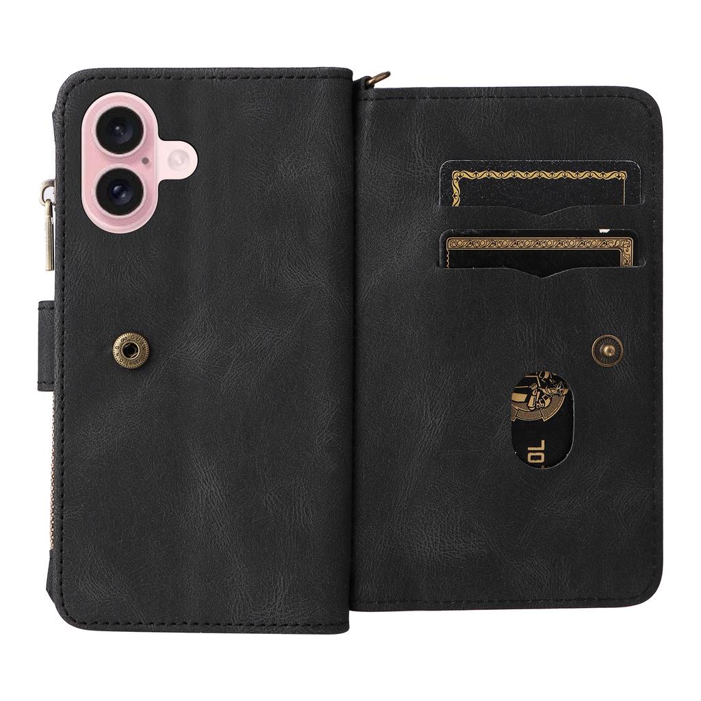 For iPhone 16 Zipper Wallet Case with 15 Card Slots and Strap Leather Phone Cover