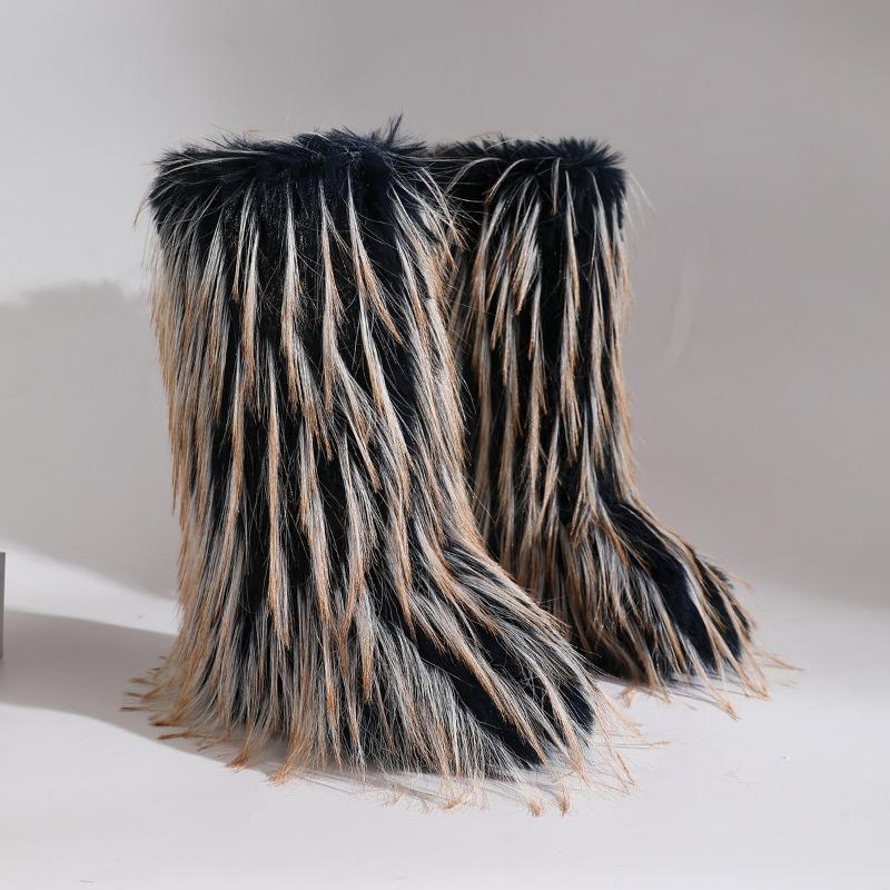 Women Flats Boots for Children Winter Warmth Thickness Anti Slip Shibuya Hairy Boots Mid Length Personalized Fashion Boots 2025