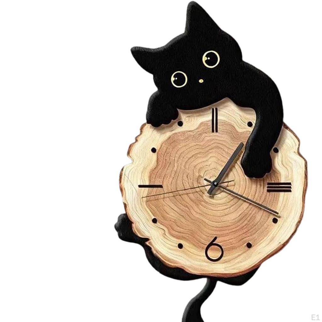 Cute Clock Decorative Art Silent Non Ticking Wall Timepiece with Swinging Tail for Living Room