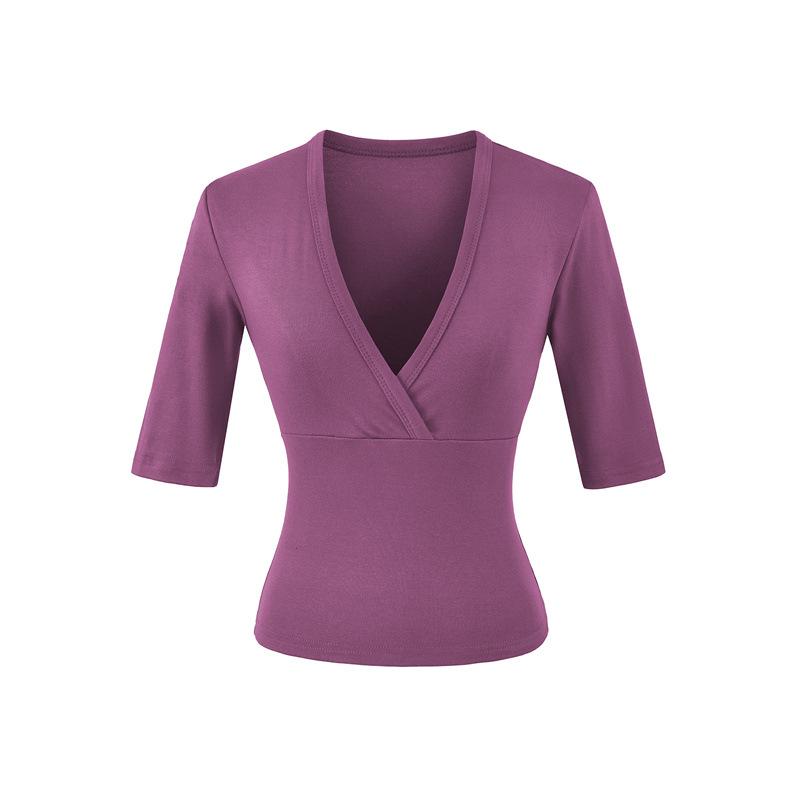Elegante Camiseta Cruzada en V con Ceñido a la Cintura para Mujer - Capa Base de Manga Corta para Verano