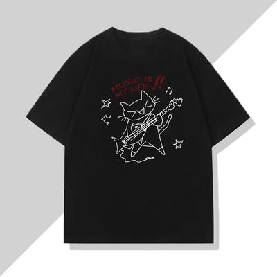 Rock Cat Muzyka To Moje Życie Wzór Nadrukowany Koszulka Damska i Męska Codzienna Luźna Rockowa Zabawna Okrągły Dekolt Krótki Rękaw Top Unisex