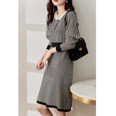 Spring and Autumn New Women's Thousand Birds Grid Dress Fashion Crew Neck Long Sleeve Medium and Long Temperament Celebrity Knitted Dress