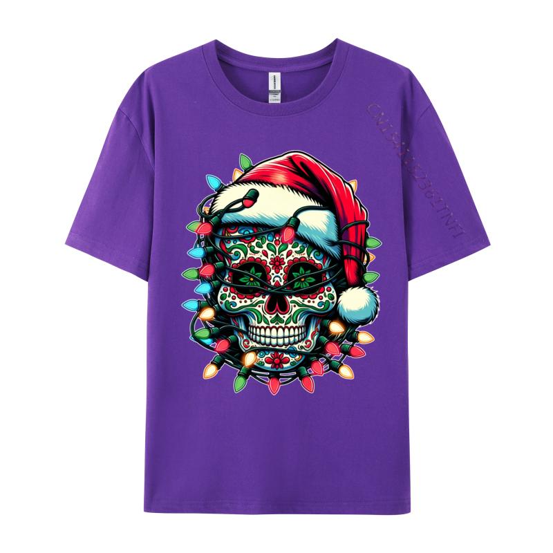 Weihnachten Zuckerschädel Weihnachtsmannmütze Lichter Tag der Toten X-Mas T-Shirts Herren T-Shirt Tops Baumwolle Oversized T-Shirt Herren Kleidung