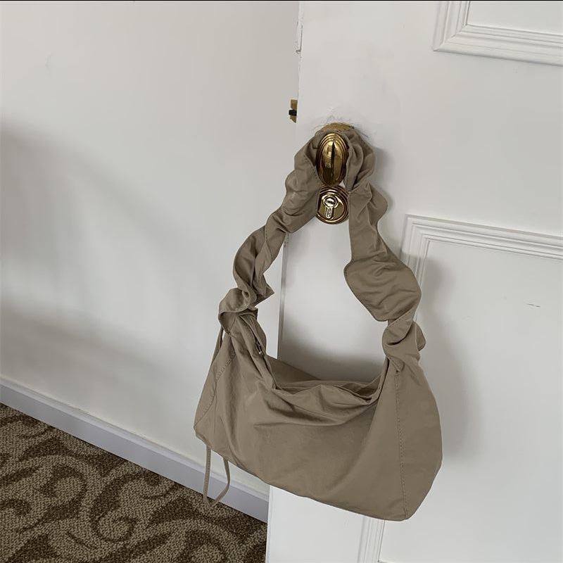Women's Korean Version Single Shoulder Pleated Drawstring Canvas Bag, Small Fresh Artistic Solid Color Hand-held Diagonal Cross Casual Women's Bag