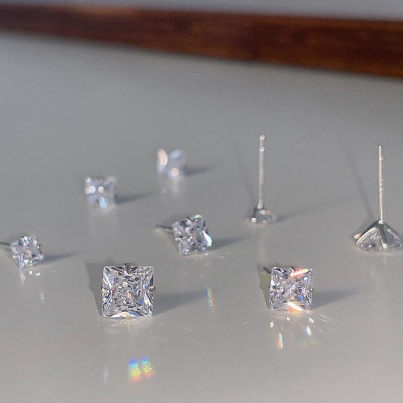 Korean Style Petite Square Zircon Stud Earrings for Pierced Ears - Simple Nude Diamond Cartilage Studs for Layering
