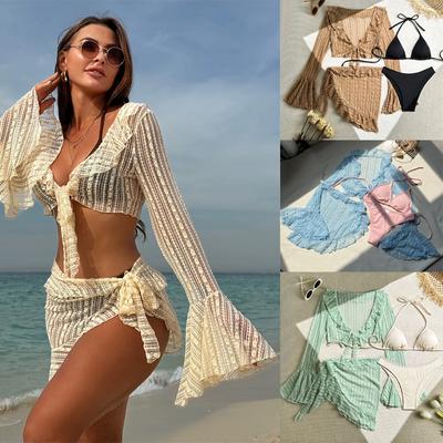 Ny Sexy Blonder Puffermer Fire Deler Bikini Sett Badedrakt For Kvinner Lange Ermer Badetøy Kvinnelig Badebekledning Strandklær