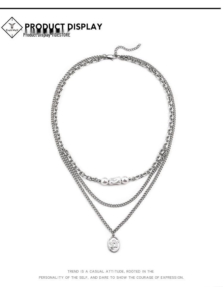 Trendy Titanium Steel Angel Pendant Necklace: Double Layer with Stainless Steel and Pearl for Men & Women