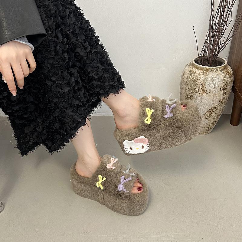 Thick-bottomed bow-tie versatile fluffy slippers 2025 autumn new sweet girl heart fashion outer wear home cotton mop