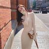 Newsight Knit Tight Long Long Sexy Bodycon Style Women's Dress, Skirt, Sleeves, V-Neck, Cute, Stylish, Off-the-Shoulder, (Beige)