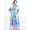 Spring Autumn Women Stand Collar Palace Print Single Breasted Long Maxi Party Dresses with Belt