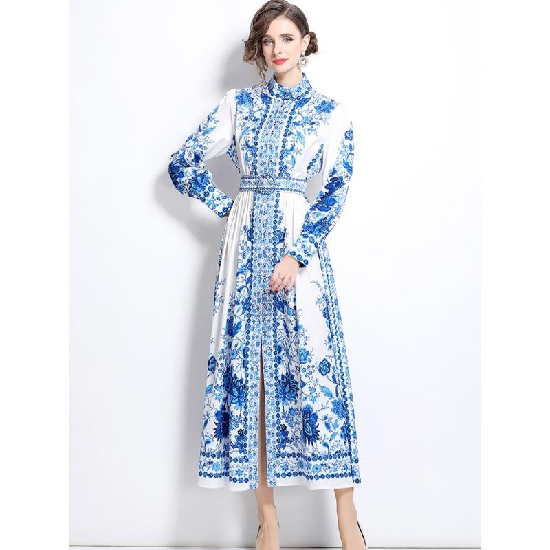 Spring Autumn Women Stand Collar Palace Print Single Breasted Long Maxi Party Dresses with Belt