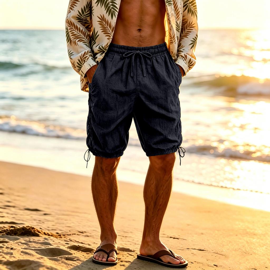 Men's Linen Casual Shorts Side Drawstring Cotton Linen Breathable Beach Pants Summer Lightweight Loose Fit Straight Leg