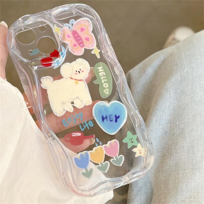 Korean Cute Graffiti Puppy Butterfly Love Heart Bracelet Phone Case For Iphone 14 13 12 11 Pro Max Clear Shockproof Soft Cover