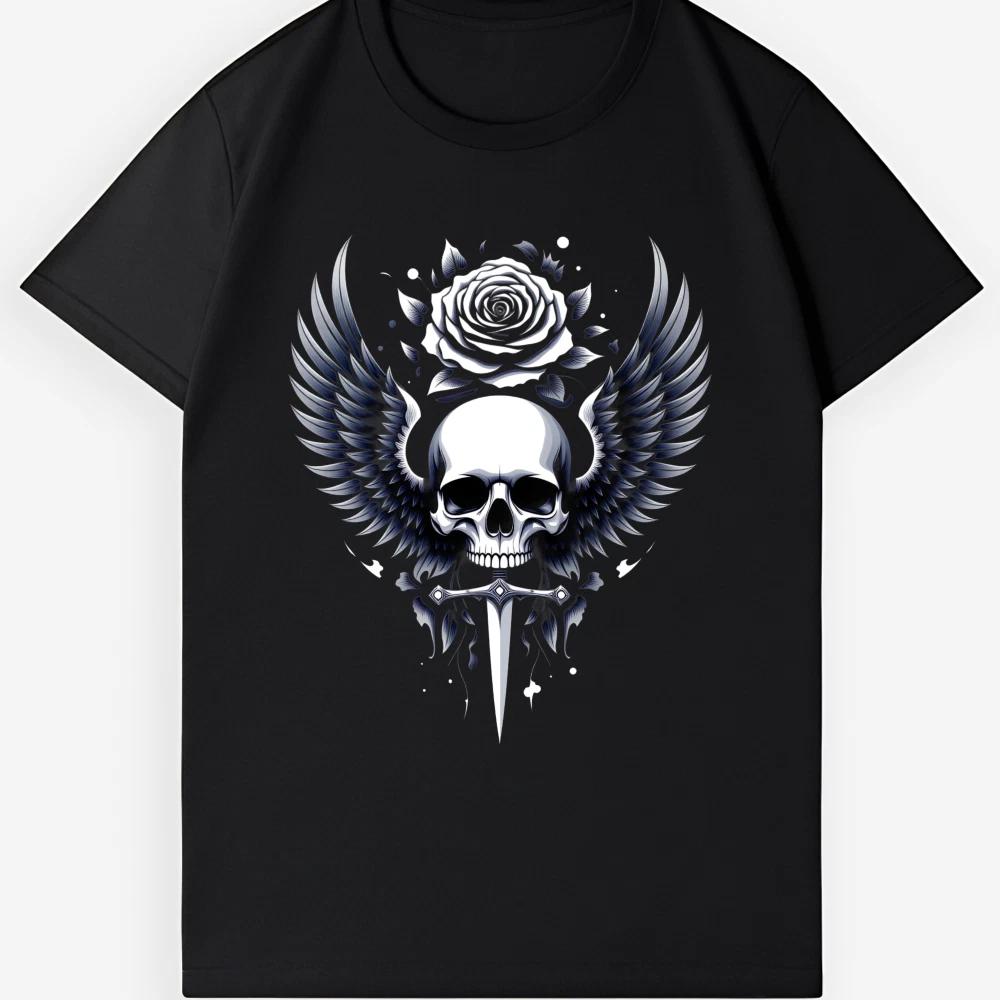 Gothic Skull Wings Rose Dagger T-Shirt - Unisex Dark Casual Tee L