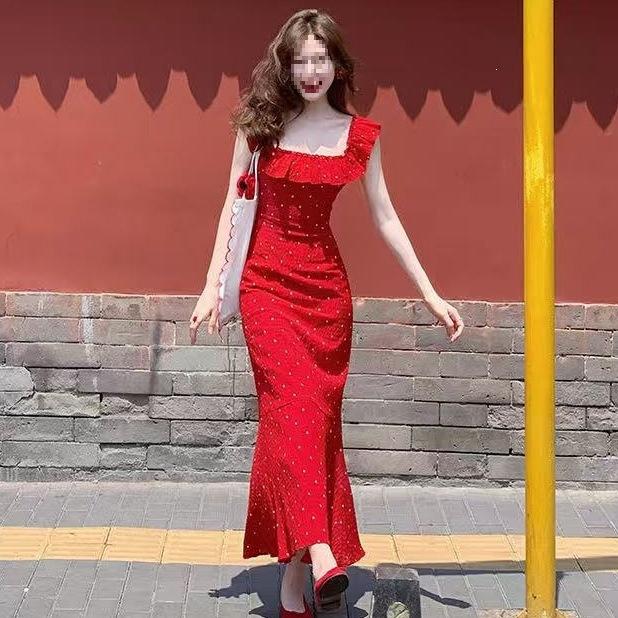 Feifei Sleeve Halter Red Lotus Leaf Edge Polka Dot Square Neck Dress Women's Summer French Gentle Waist Hip Wrap Long Dress