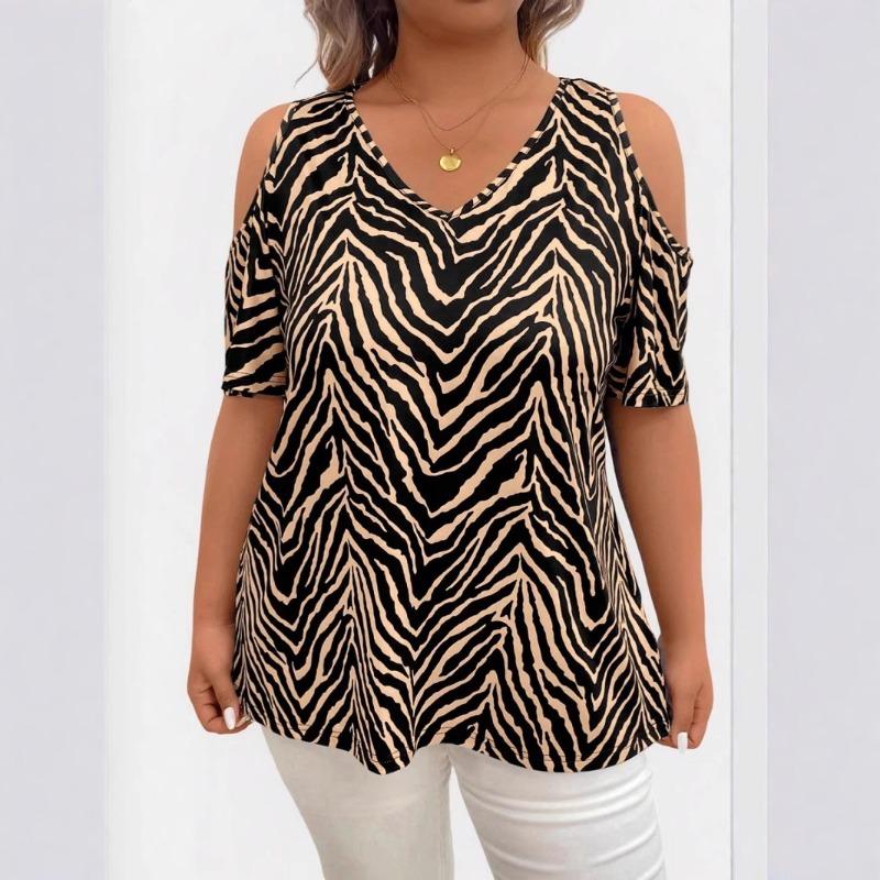 Summer New Women's Zebra Pattern V-neck Short-sleeved Casual Off-shoulder Top