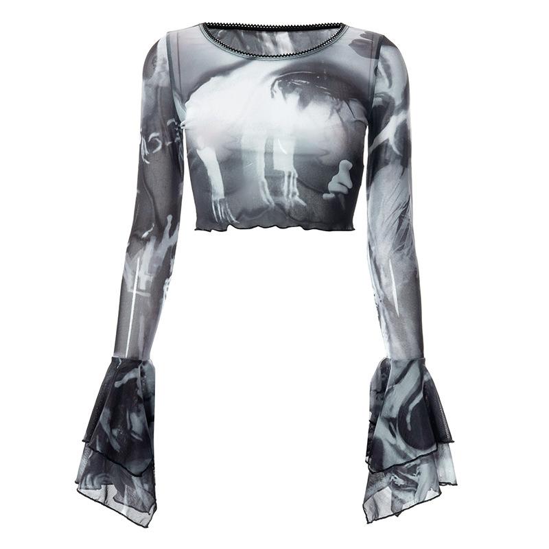 Gothic Flare Sleeve Durchsichtig T-shirts Emo Salat Saum Sexy Streetwear Punk Ästhetischen Druck Y2k Mesh Frauen Crop Tops
