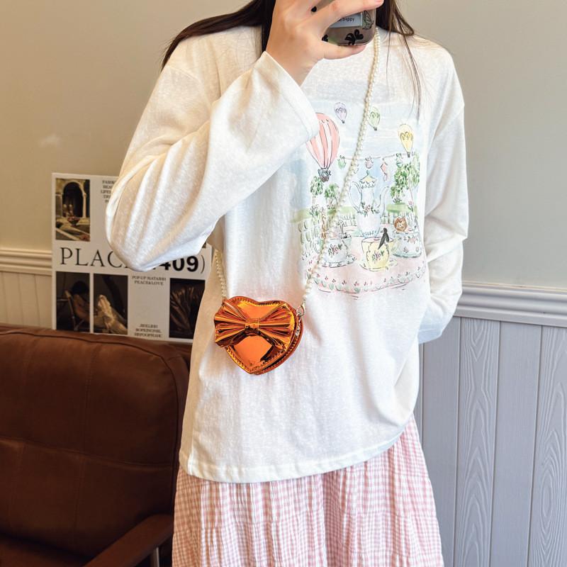 Heart Mini Shaped Bow Pearl Chain Bag With Zipper Closure For Daily Use Casual