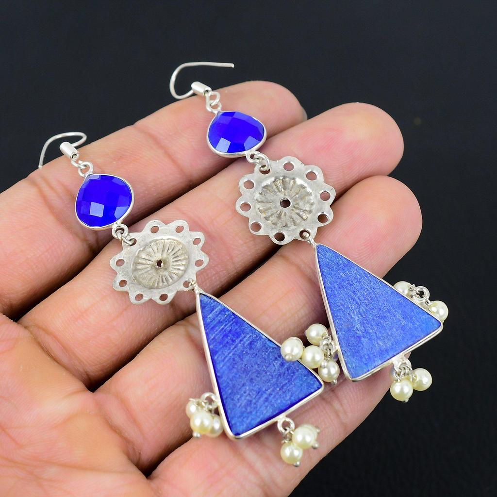 Daughters Day Sale Blue Sapphire Stone 925 Silver Boho Dangling Earrings Jewelry