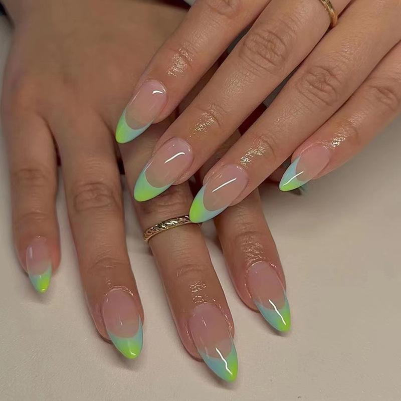 24Pcs Long Almond Fake Nails with White Edge Design Wearable French Press On False Nails Simple Full Cover Nail Tips Manicure
