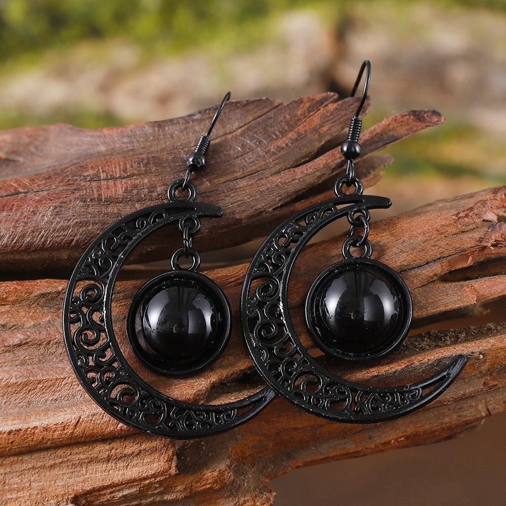 Personality Goth Black Hollowed-out Crescent Moon Glass Crystal Pendant Dangle Earrings for Women Halloween Party Witch Jewelry