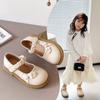 Girls Flat Shoes Chinese Style Kids Leather Shoes Pu Pleated Round Toes 2025 Spring Autumn Girls Princess Shoes Sweet Ins Trendy