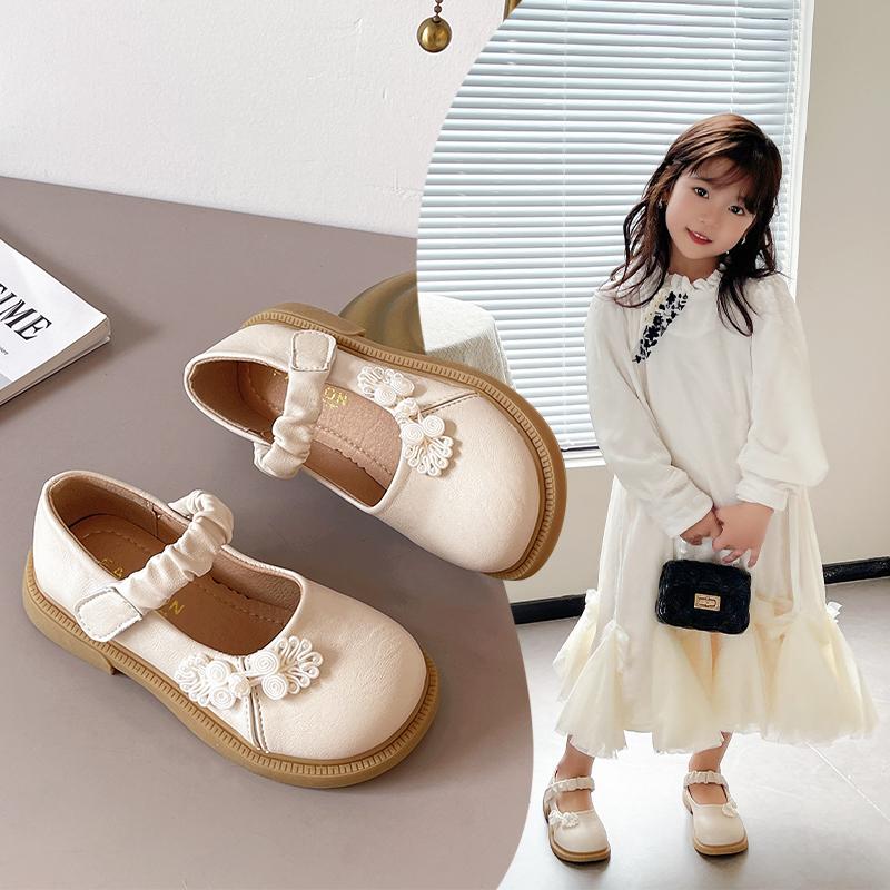 Girls Flat Shoes Chinese Style Kids Leather Shoes Pu Pleated Round Toes 2025 Spring Autumn Girls Princess Shoes Sweet Ins Trendy