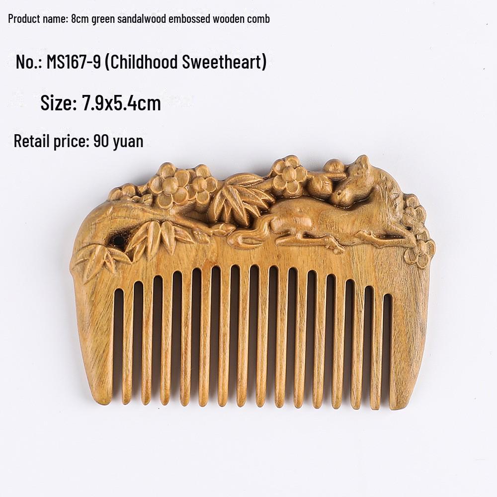 Green Sandalwood Carved Portable Scalp Massage Comb for Women