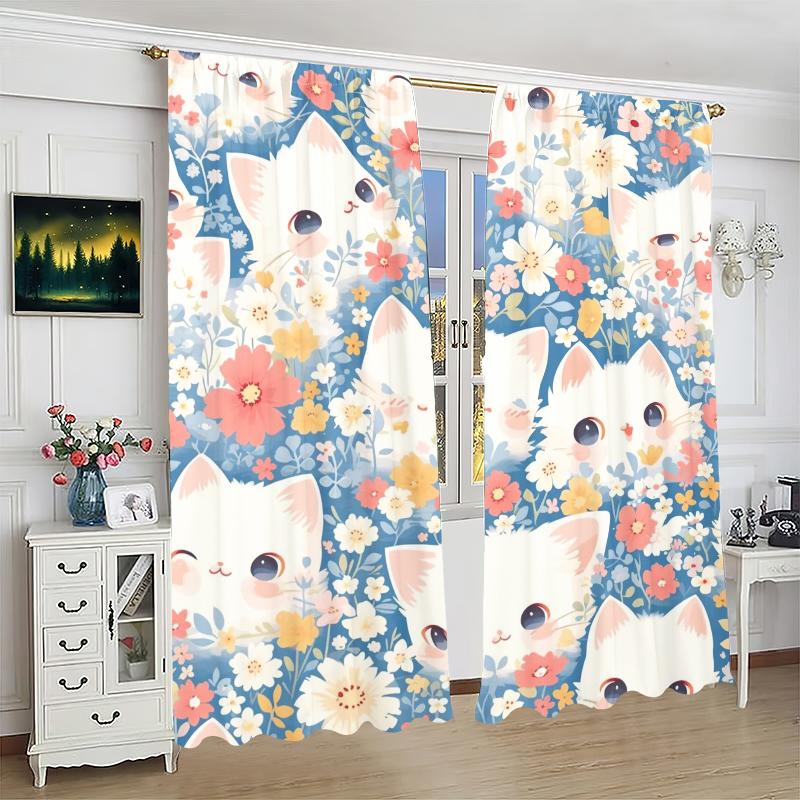 Cartoon Cat -2pcs- Printed Curtain,100% Polyester Material, Suitable for Home Decoration