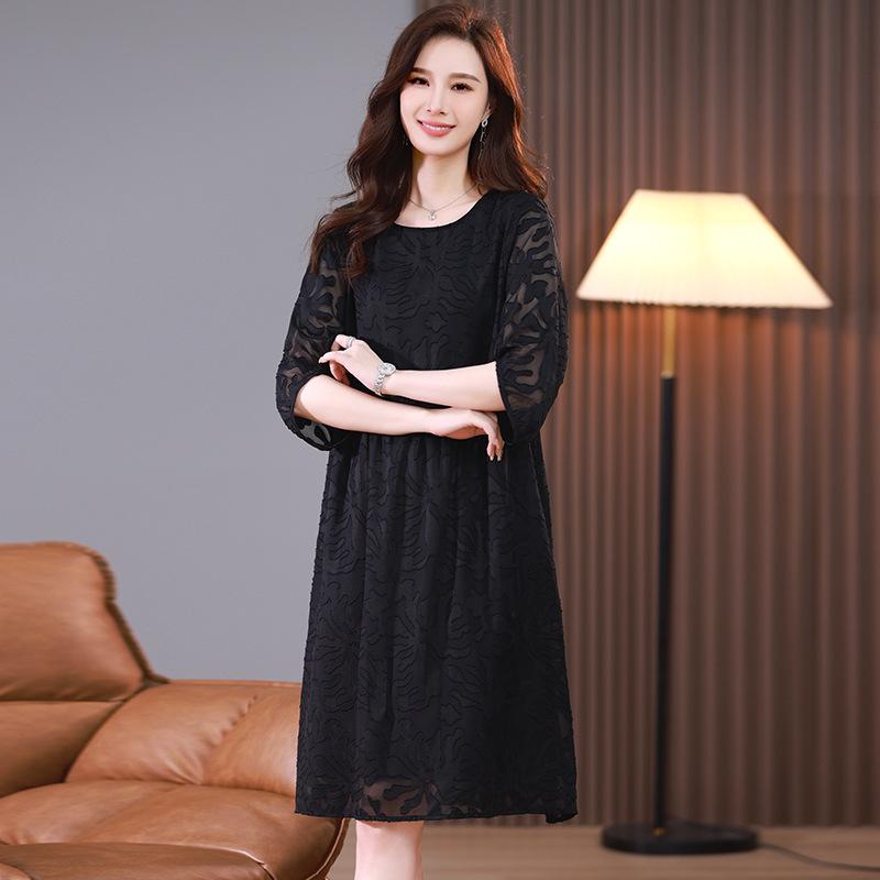 Summer Plus-Size Chiffon Puff Sleeve Lace Dress - High-End 2025 Collection