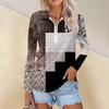 Camisa feminina casual com estampa de zíper e decote em V, manga comprida, primavera e moda