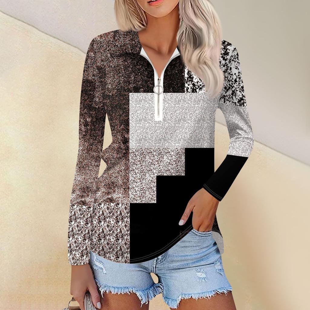 Camisa feminina casual com estampa de zíper e decote em V, manga comprida, primavera e moda