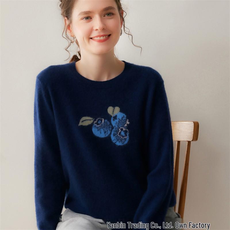 Blueberry Jacquard Cashmere Crew Neck Sweater