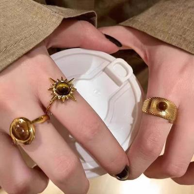 Tiger Eye Stone Ring Flower Shape Retro Golden Index Finger Ring Electroplating Geometric Wide Adjustable Opening Ring Adult Club Party Jewelry