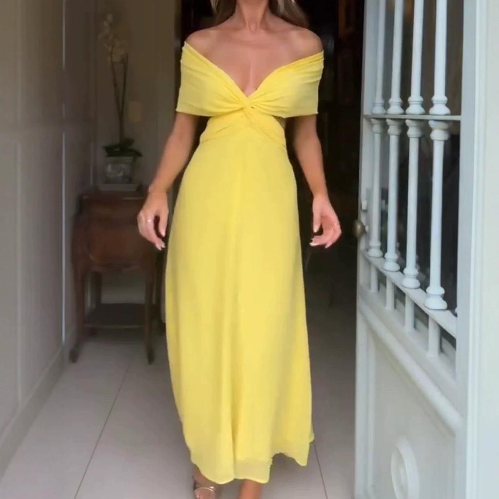 European and American sexy women's clothing new sexy sleeveless bow slim yellow dress