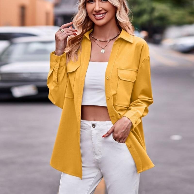 Women Tops Casual Fashion Double Pocket Blouse 2023 Autumn And Winter  Long Sleeve Shirts Solid Color Loose Clothes 28283