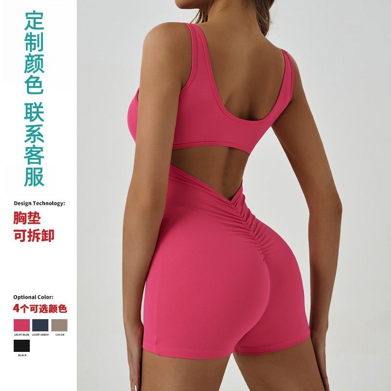 Womens Sleeveless Yoga Jumpsuit With Built-in Bra Pad Tummy Control Ruched Back Sports Fitness Wear