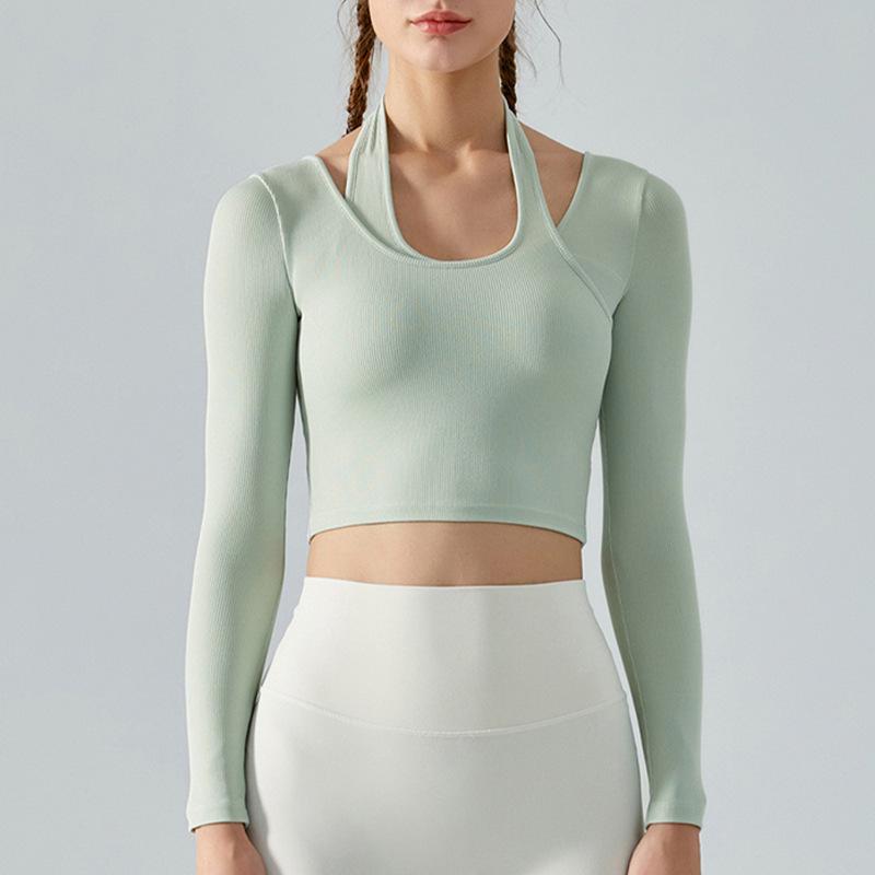 

Women s Long Sleeve Yoga Top with Chest Pad, Elastic Slimming Fit, Faux Two-Piece, Halterneck Design Medium