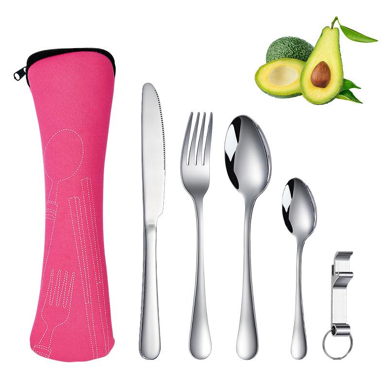 Stainless Steel Travel Cutlery Set: Knife, Fork, Spoon, Bottle Opener with Portable Storage Bag for Outdoor Camping