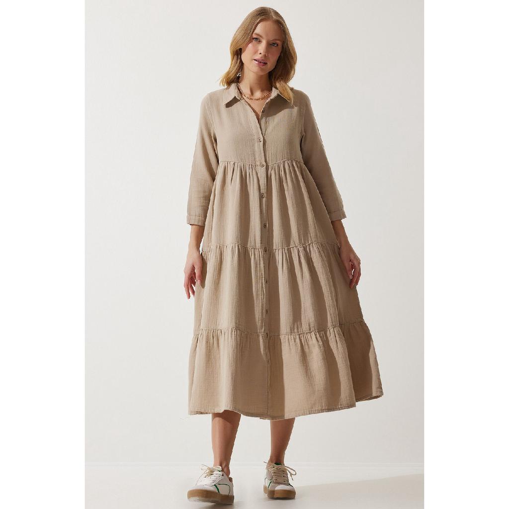 Women's Beige Muslin Flared Shirt Dress Sa00024