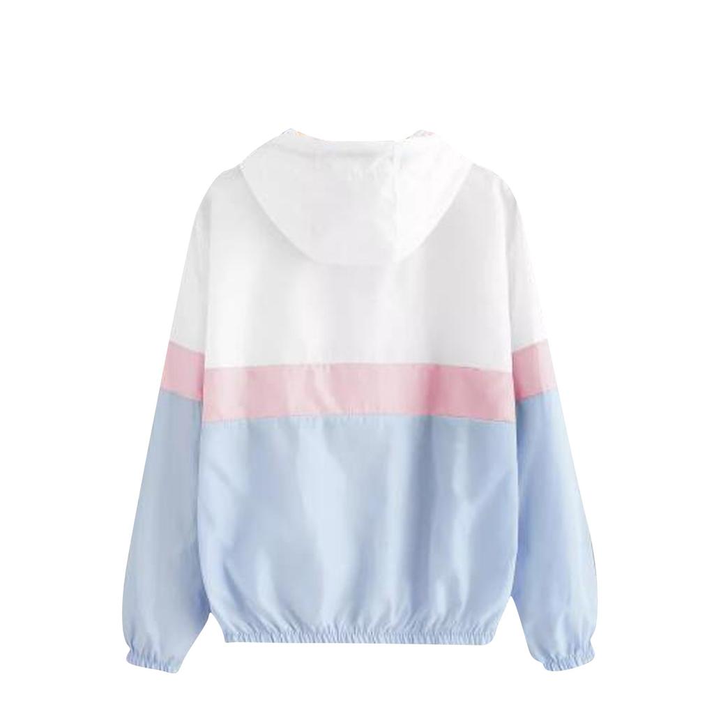 Womens  Long-sleeved Hooded Zipper  Stitching Contrast Color Windbreaker Coat