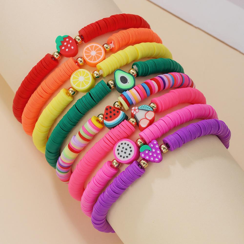 Bunte Sommerfrucht-Polymer Clay Armbänder - Niedliches elastisches Schmuckset im koreanischen Stil