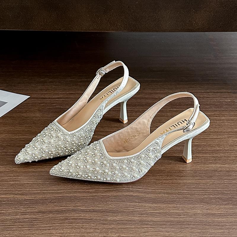 B813-ES8 French temperament 2025 spring and autumn new niche design sequined bag head sandals fairy high heel
