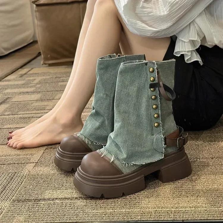 Women Ankle Boots Western Denim Short Boots Rivet Ankle Boots Fashion Slip on Thick Bottom Platform Shoes