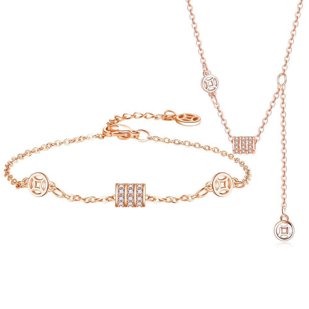 Retro National Style Copper Coin Full Diamond Cylinder Bracelet Necklace Set Female Elegance Temperament Versatile Wealth Rolling Bracelet Chain