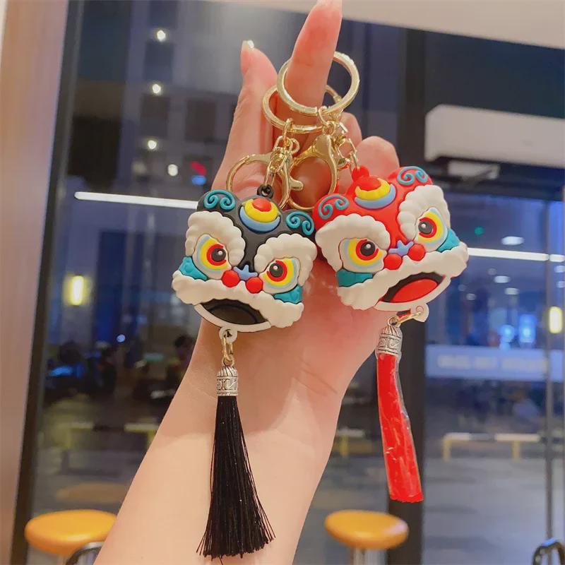 Exquisite Chinese Lion Dance Keychain Pendant with Lucky Cat Doll